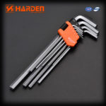 Collection of fastening tools including screws, nails, bolts, and 9pcs long hex key wrenches.